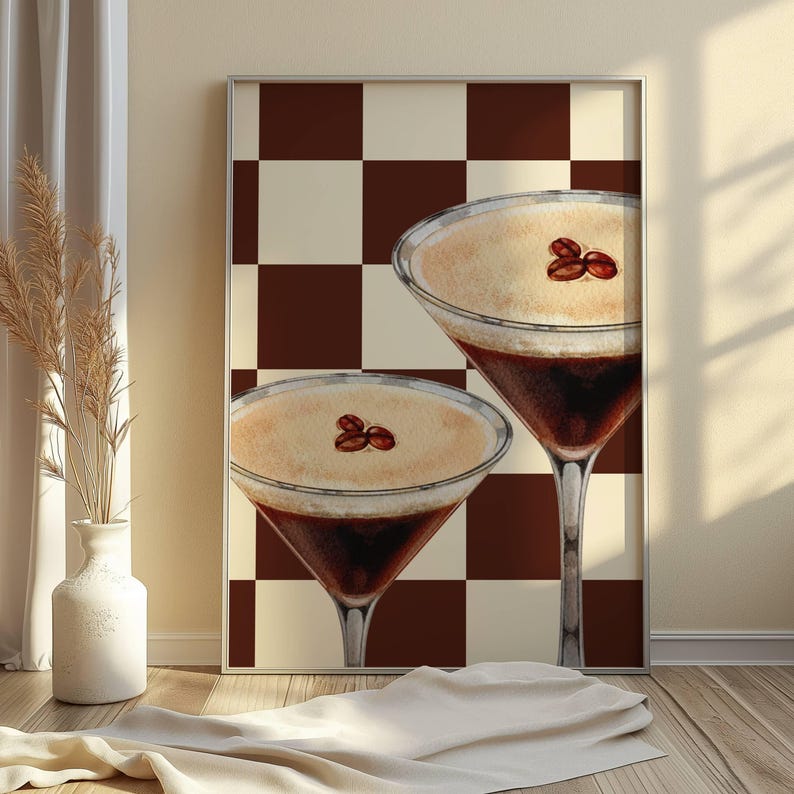 May include: Two brown and white coffee cocktails with coffee beans on top, set against a brown and white checkered background.