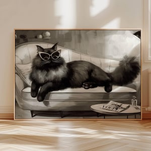シックな黒猫のヴォーグアートプリント | キュートで風変わりな気まぐれ | カクテルアートバーカートの装飾 | ファインアートプリントギフト、猫のホームデコレーション、オフィスアートワーク