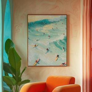 Tiny People Surfing and Swimming in Ocean Print, Summer Poster, Beach House Decor, Minimalist Printable Wall Art