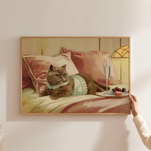 茶色のブリティッシュショートヘア猫とカクテルアートプリント | キュートで風変わりな | アルコールアートバーカートの装飾 | ファインアートプリントギフト
