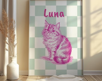 Può includere: Uno sfondo a scacchi rosa e bianco con il nome "Luna" in testo rosa. Un'illustrazione rosa di un gatto seduto sullo sfondo a scacchi.