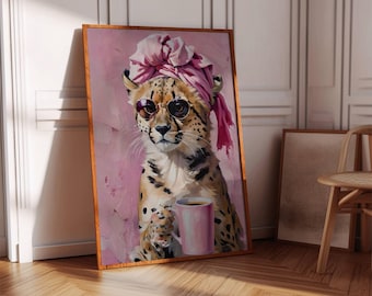 May include: A cheetah wearing pink sunglasses and a pink turban holds a pink coffee mug. The cheetah is painted in a realistic style against a pink background.
