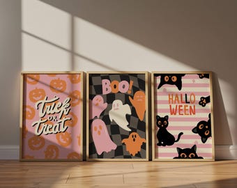 Retro Halloween Art Prints Holiday Poster Set of 3 Seasonal Wall Prints Kitchen Halloween Decor Festive Gift for Home Digital Download