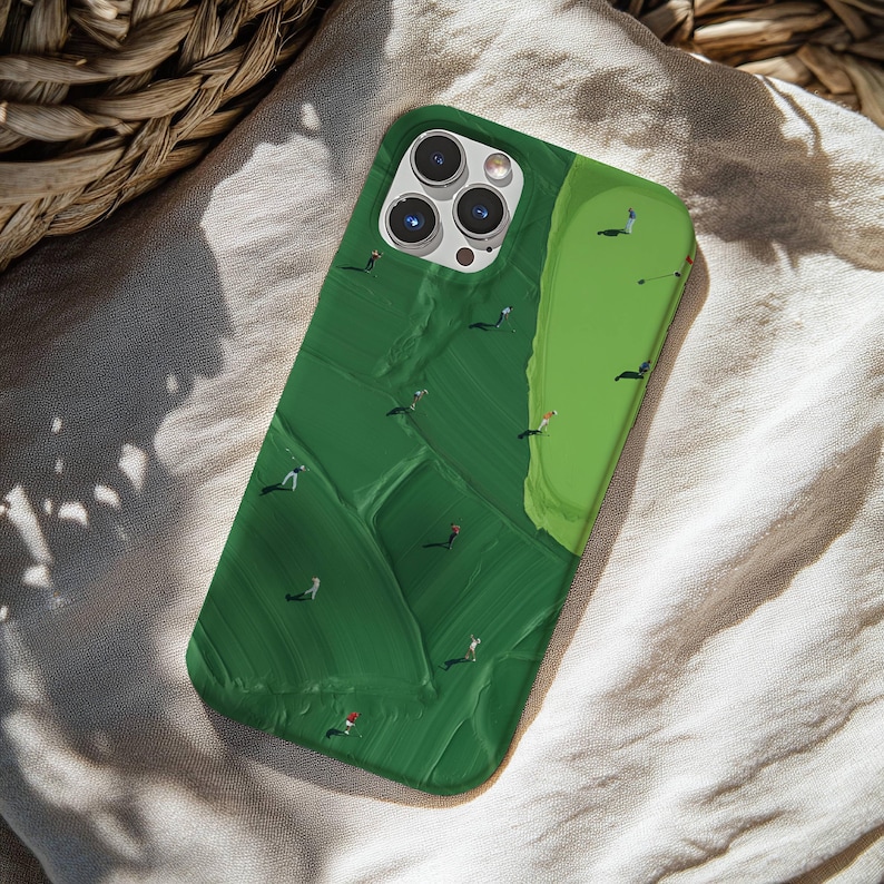 Phone Case, Green Golf Course iPhone Cover with Mini Golfers, Sports Lover Gift, Golf Aesthetic Accessory, Tough Case, Protective Phone image 1