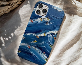 Miniature Surfer Figurines on Blue Waves Phone Case, Sports Lover Gift, Water Sports Aesthetic Accessory, Tough Case, Protective Phone