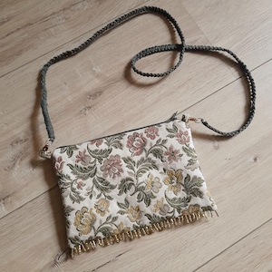 Handmade Floral Tapestry Crossbody Bag – Upcycled Fabric with Satin Lining & Macrame Strap – Small Batch Embroidered Purse