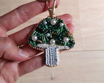 Handmade Beaded Mushroom Keychain – Unique Bead Embroidery with Floral Backing