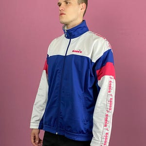 90s Diadora Vintage Men&#39;s Track Jacket - L Navy Blue & Multicolor Polyester