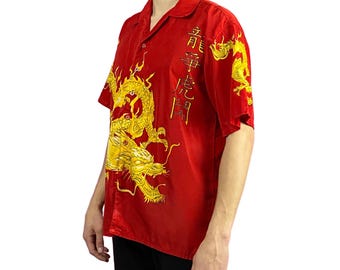 Brother Vintage Men's Dragon Print Short Sleeve Shirt - M Red Cotton
