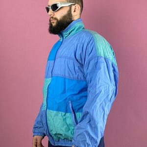 90s Vintage Men&#39;s Color Block Windbreaker Jacket - L Blue Nylon