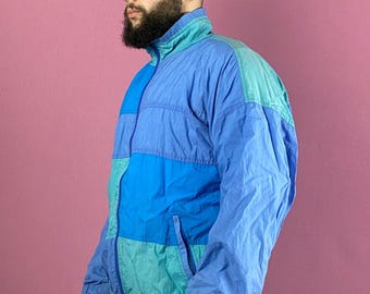 Chaqueta cortavientos vintage de los años 90 con bloques de color para hombre - L, nailon azul
