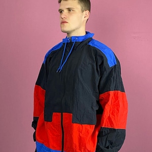 90s Vintage Men&#39;s Windbreaker Jacket - XL Black & Red Nylon