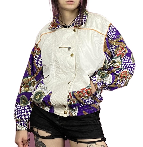 Jaqueta corta-vento feminina vintage dos anos 90 M Nylon branco