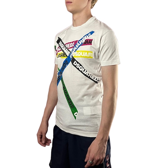 Dsquared2 Vintage Men's Tape Logo T-shirt - S White Cotton Dsquared2 Vintage Men's Tape Logo T-shirt - S White Cotton