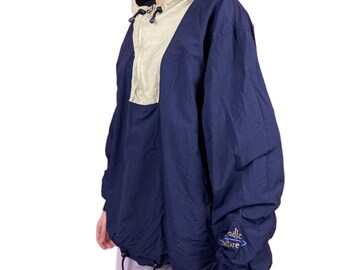 May include: A navy blue and beige hooded jacket with a drawstring waist and a logo that reads "radic culture" on the lower right side.