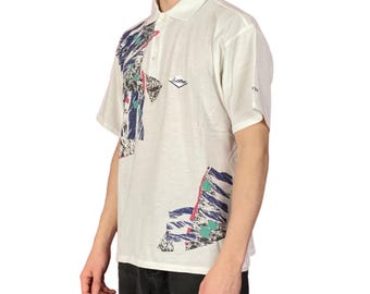 90s Loffler Vintage Men's Abstract Print Polo Shirt - M White Cotton