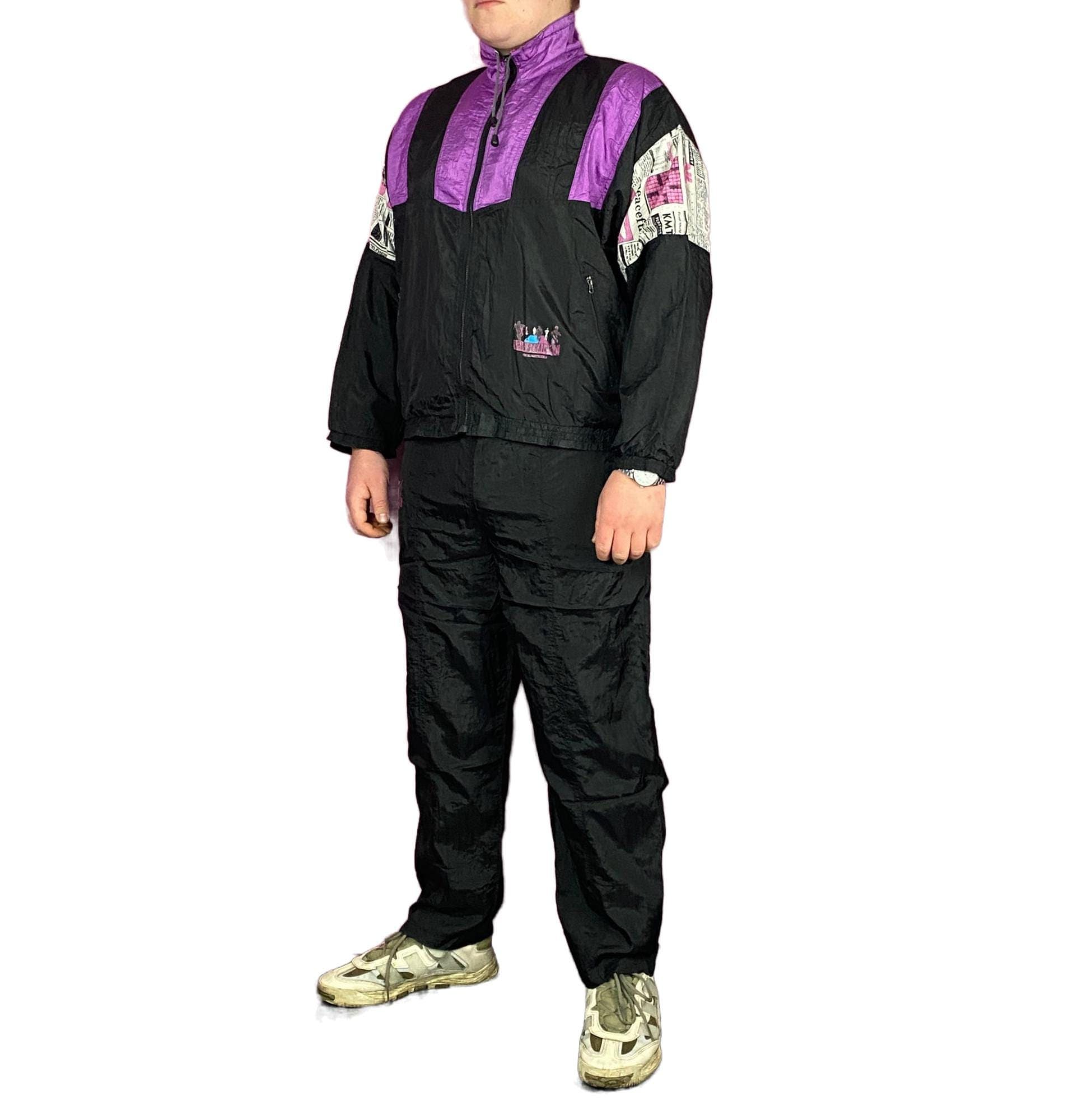 90s Vintage Men's Tracksuit Set - XL Black Nylon - Etsy