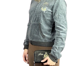 Sudadera con capucha y cremallera de terciopelo vintage para mujer - S Mezcla de algodón gris