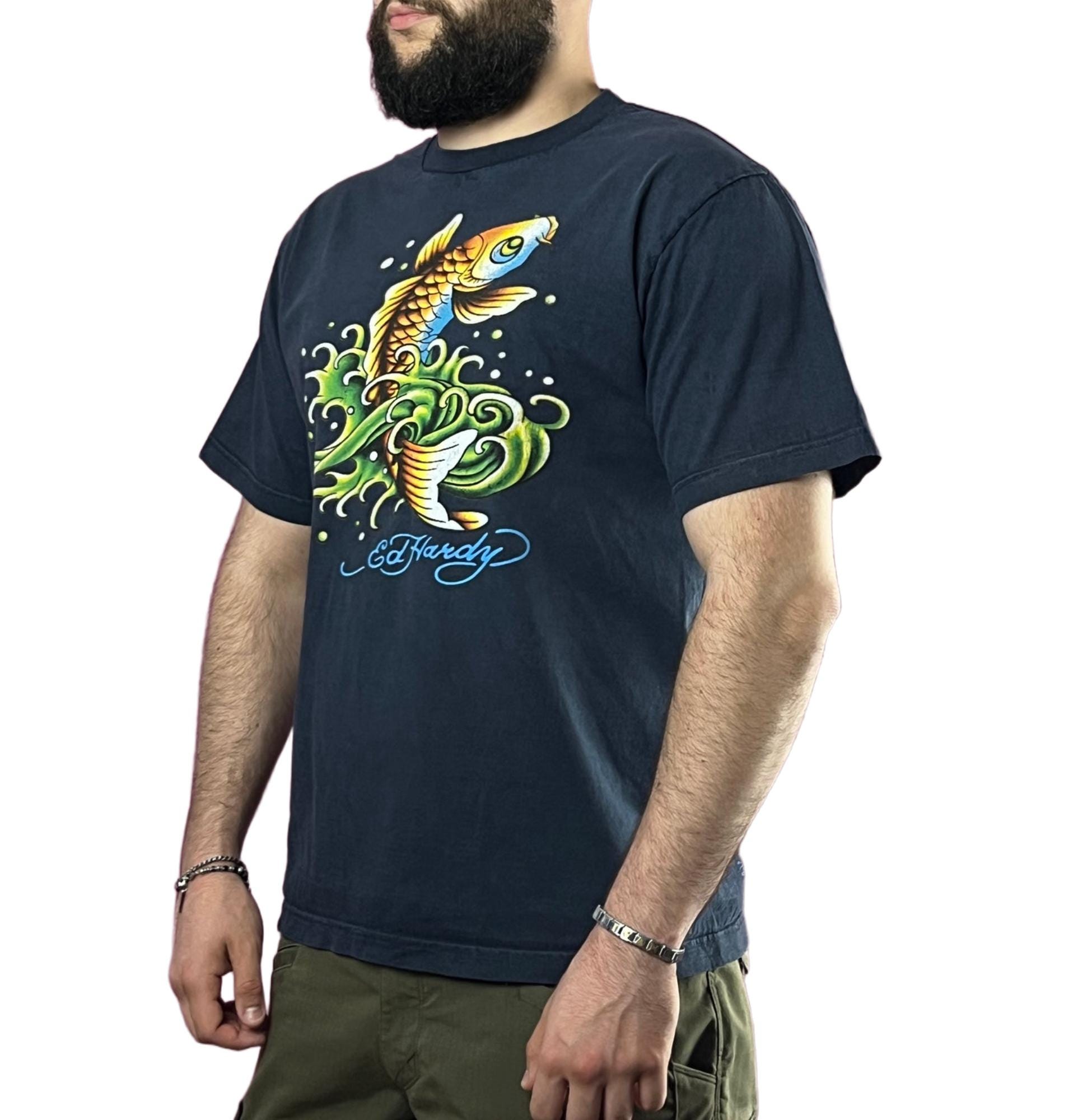 Y2K Ed Hardy Vintage Men's Koi Fish Faded T-shirt - XL Navy Blue