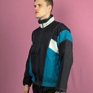 90s Vintage Men's Windbreaker Jacket - L Black & Blue Nylon
