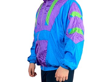 90s Vintage Men's Windbreaker Jacket - XL Multicolor Nylon