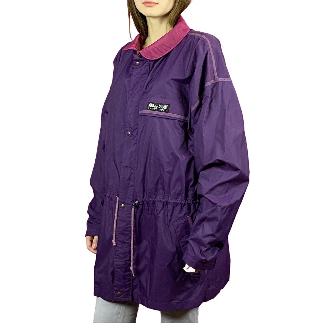 Woolrich Woman 1990s aqua green nylon extra long purple trim raincoat - size L
