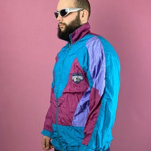 90s Vintage Men's Windbreaker Jacket - L Blue & Pink Nylon