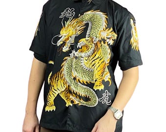 Vintage Kids Short Sleeve Dragon Print Shirt - 13-14Y Black Polyester