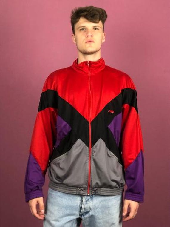 90s Vintage Men's Color Block Track Jacket - XL Red & Gray