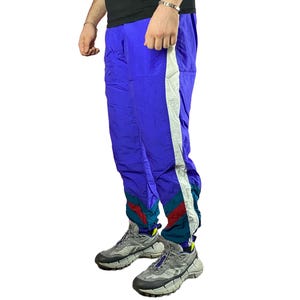 90s Vintage Men&#39;s Size Tape Track Pants - XL Blue Nylon