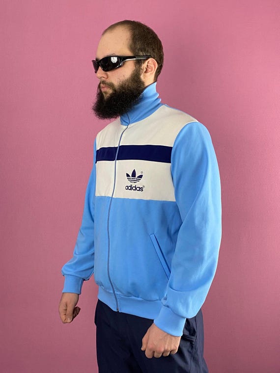 70s Adidas Vintage Men's Track Jacket - L Blue & White 70s Adidas Vintage Men's Track Jacket - L Blue & White