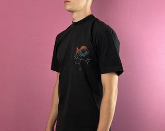 Camiseta masculina vintage Pick-Man dos anos 90, camiseta desgastada – P, algodão preto