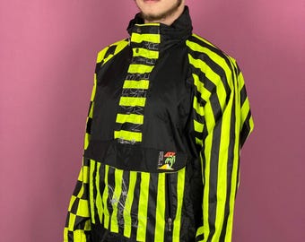 90s Vintage Men's Rain Jacket - L Black & Yellow Nylon
