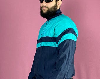 90s Krys Vintage Men's Windbreaker Jacket - L Navy Blue Nylon
