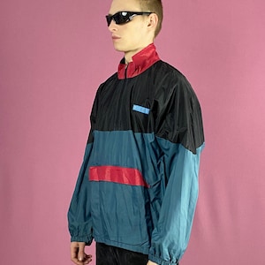 90s Vintage Men's Windbreaker Jacket - M Black & Blue Nylon