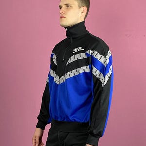 Saller Vintage Men&#39;s Qurter Zip Track Jacket - L Blue & Black Polyester