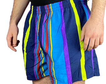 90s Vintage Men's Striped Swim Shorts - XXL Multicolor Nylon