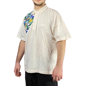 90s Equipe Vintage Men&#39;s Abstract Print Polo Shirt - M White Cotton