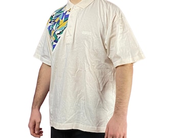 90s Equipe Vintage Men's Abstract Print Polo Shirt - M White Cotton
