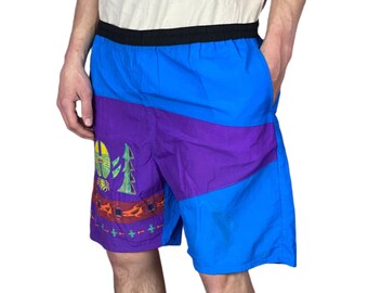 90s Vintage Men's Board Shorts - M Blue & Purple Nylon