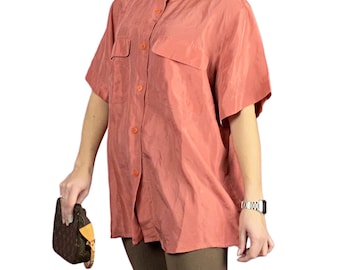 90s Vintage Women's Short Sleeve Shirt - L Pink Silk