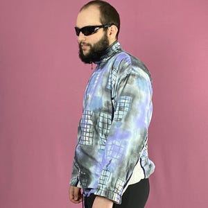90s Vintage Men&#39;s Abstract Windbreaker Jacket - L Blue Cotton Blend