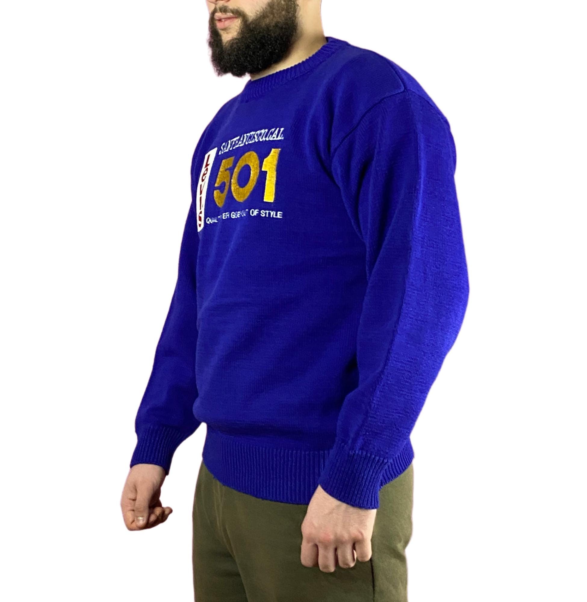 50s Levis 501 Vintage Men's Embroidered Logo Knit Sweater - L Blue Acrylic