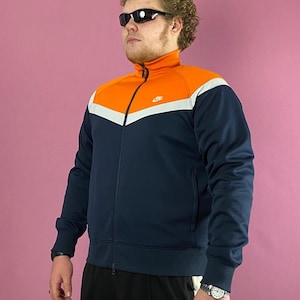 Nike Vintage Men&#39;s Track Jacket - XL Navy Blue & Orange Polyester