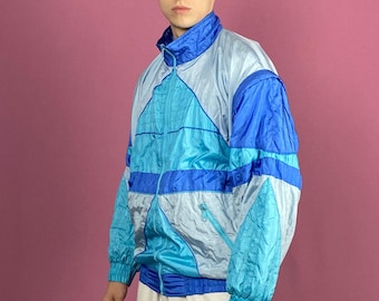 90er Jahre Pan D'Ora Vintage Herren Color Block Windjacke - L Blau & Weißes Nylon