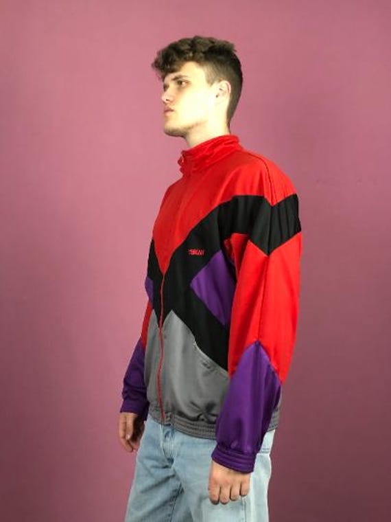 90s Vintage Men's Color Block Track Jacket - XL Red & Gray