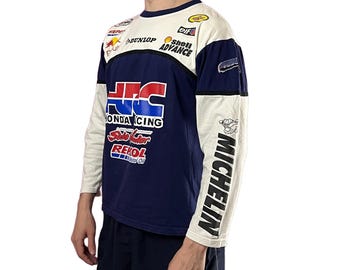 In The Dark Honda Racing Vintage Men's Long Sleeve - L Blue & White Cotton