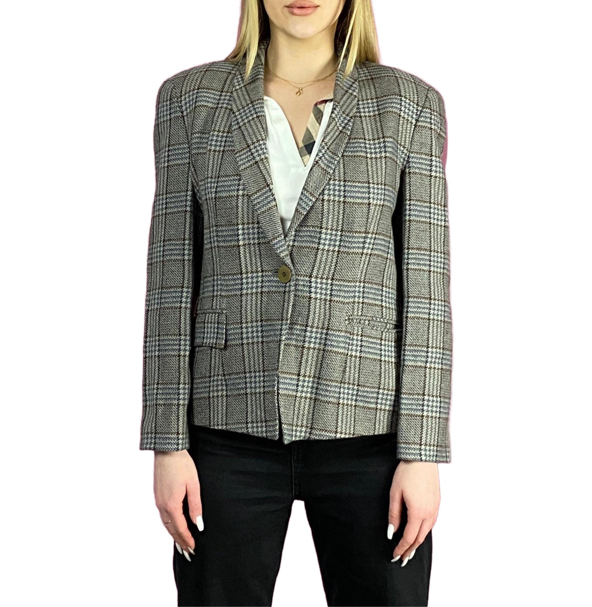 ジャケット GIORGIO ARMANI CHECKED BLAZER IN LAMINATED 90s Giorgio Armani Vintage Women's Plaid Blazer Jacket - M