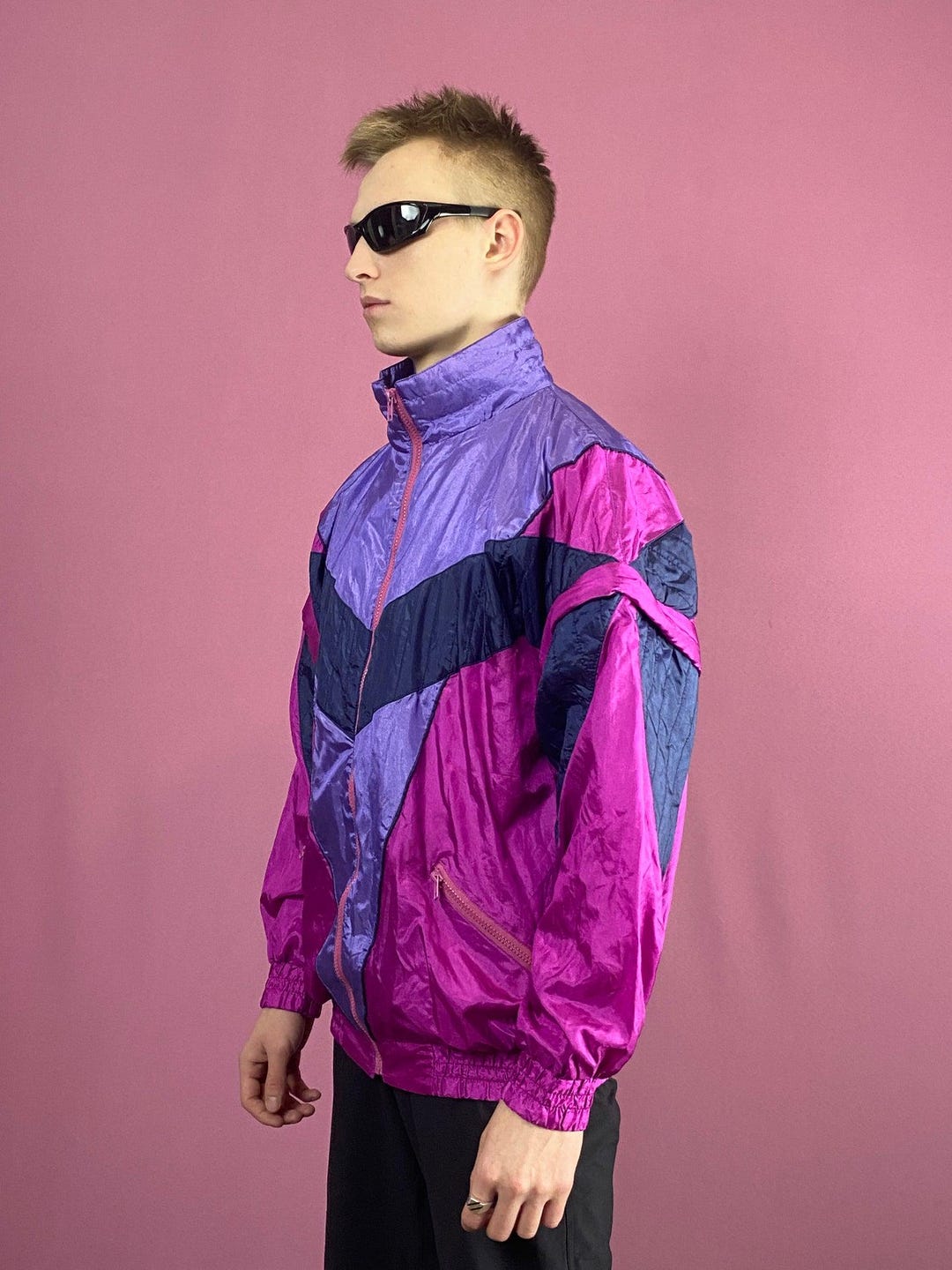 90s Ybes Vintage Men's Windbreaker Jacket - L Pink & Multicolor