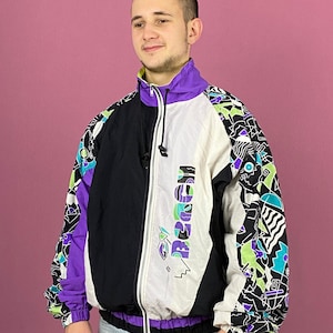 90s Vintage Men&#39;s Windbreaker Jacket - L Multicolor Nylon